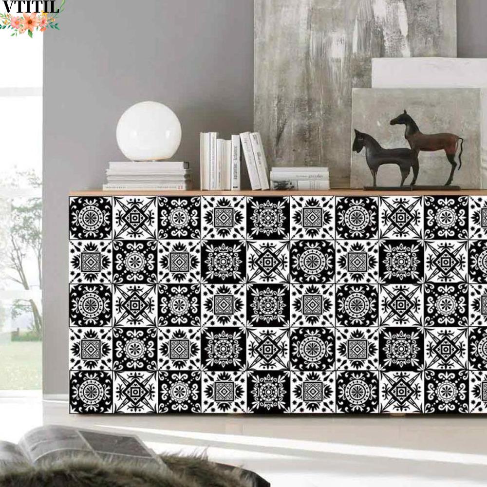 VTITIL 10pcs Self กาวผนัง, 5.9in PVC Wall Applique Decal, สติ๊กเกอร์ติดผนังสีดําสีขาวสแควร์ Self-Adh