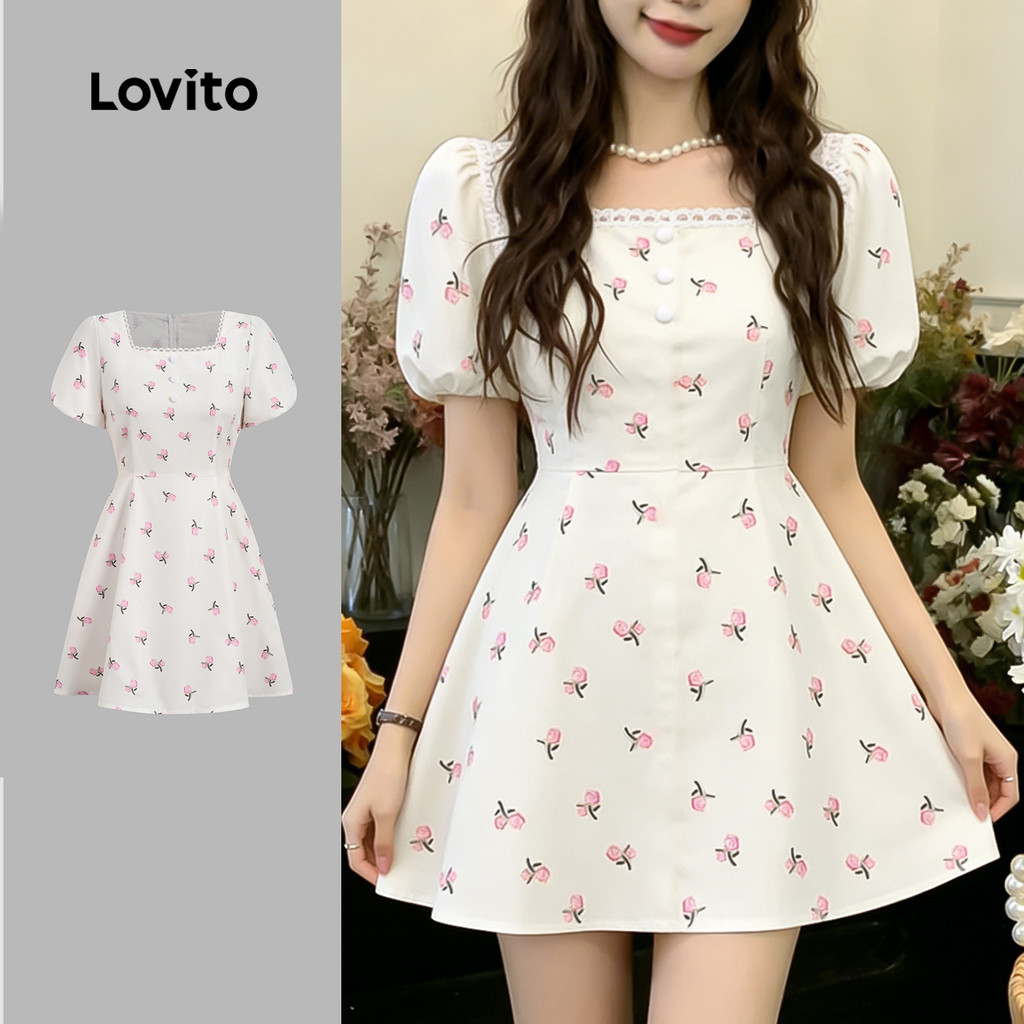 Lovito น่ารัก เดรสลายผ้าลูกไม้ สีขาวงาช้าง สไตล์สปริง/ฤดูร้อน สําหรับผู้หญิง L191AD007