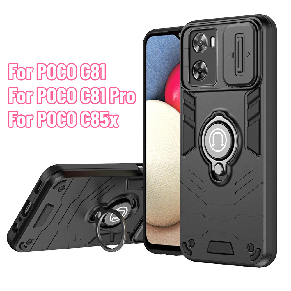เคสโทรศัพท์สําหรับ POCO C81 Pro C81Pro C85x 4G 5G 2026 ปลอกเกราะที่ทนทานกันกระแทกสไลด์ Push Window แหวนโลหะผู้ถือปกหลัง