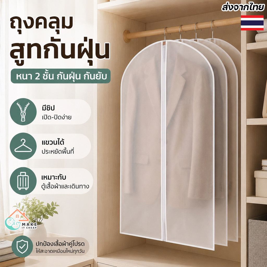 ถุงใส่เสื้อผ้าแบบแขวน มีซิปเปิดปิด กันฝุ่น กันแมลง กันยับ ใช้คลุมสูท เสื้อเชิ้ต เดรส และชุดทำงาน
