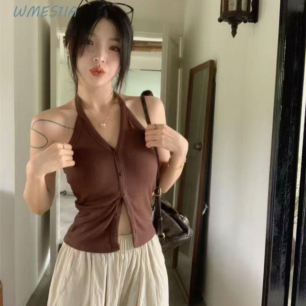 WMES1IA เสื้อกั๊กผู้หญิง, Y2K รอบคอถัก Slim Crop Top, Retro Halter Tank Hollow Out แขนกุด Camisole L