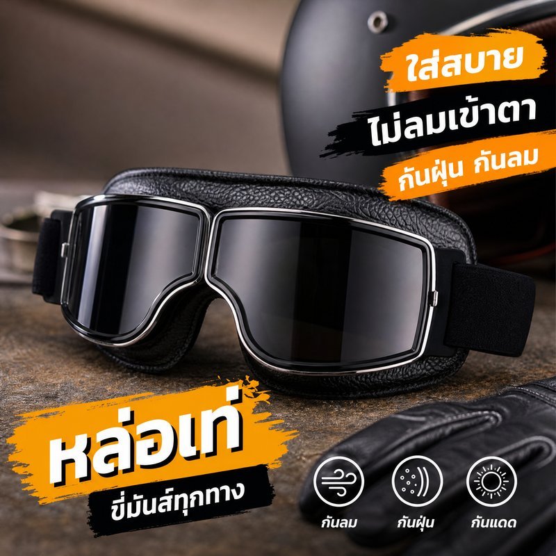 แว่นกันฝุ่น มอเตอร์ไซค์ แว่นกันลม วินเทจ กันแดด กันหมอก เลนส์ชัด ใส่สบาย กลางแจ้ง ทนทาน