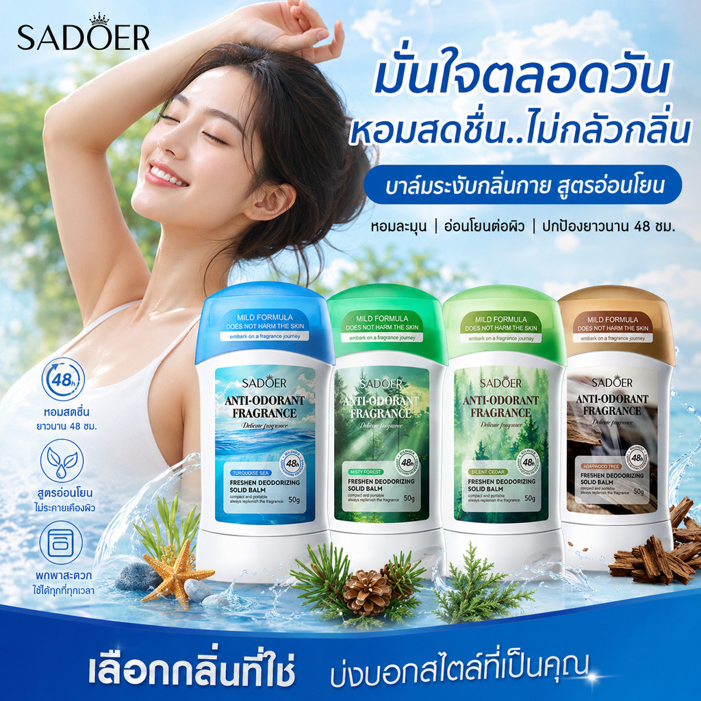 SADOER อันเดอร์อาร์มครีม น้ำหอม โรลออน ระงับกลิ่นกาย ผลิตภัณฑ์บำรุงใต้วงแขน ลดเหงื่อ ระงับกลิ่นกาย เเบบหลอด ขนาด 50g