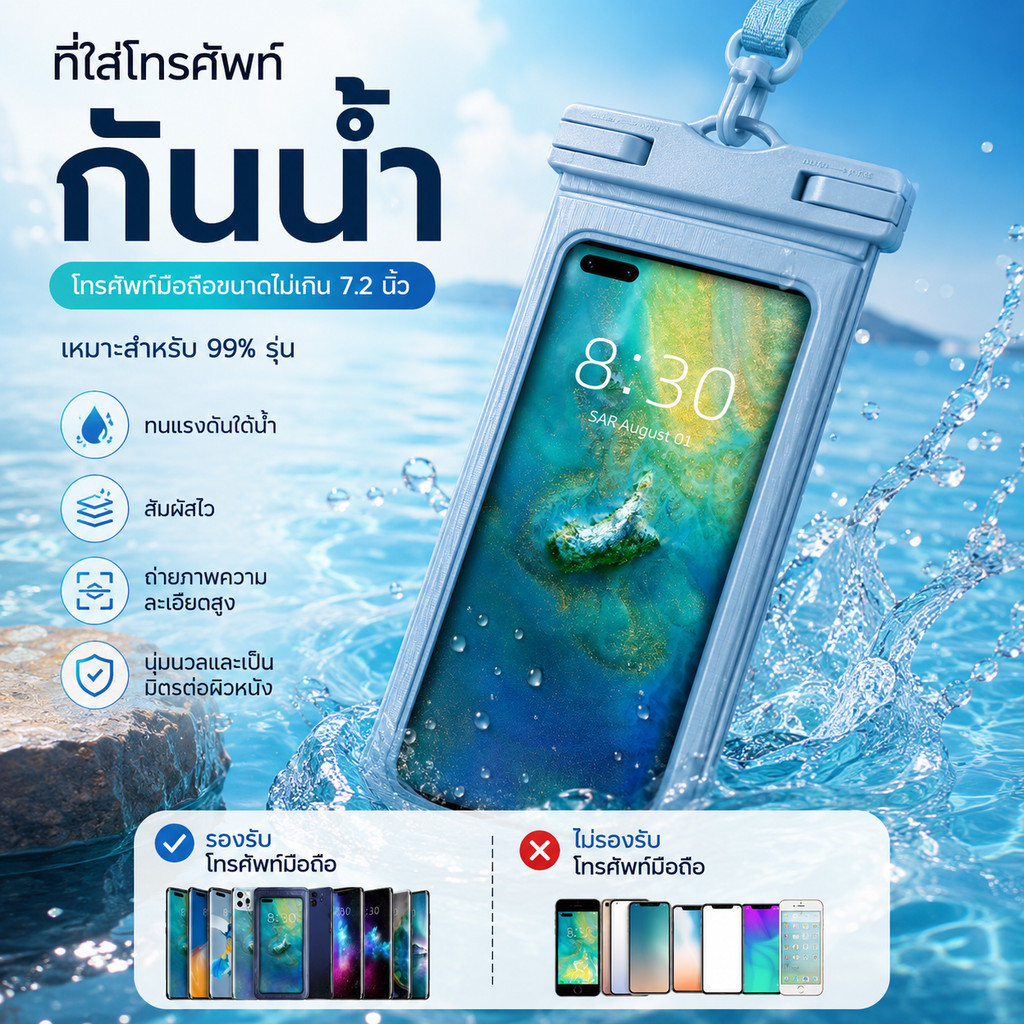 Metavice ซองกันน้ำมือถือ ถ่ายรูปใต้น้ำได้ รองรับ Face ID กันน้ำ เล่นน้ำ ดำน้ำ สงกรานต์ แบบใสใช้งานง่าย ME209