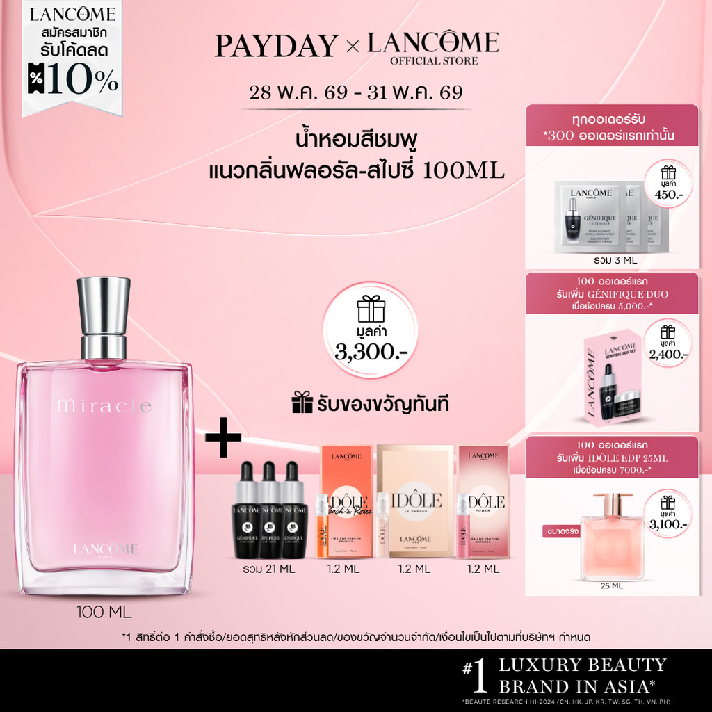 LANCOME MIRACLE EDP 100 ML ลังโคม น้ำหอมกลิ่นฟลอรัล-สไปซี่ยอดนิยม (น้ำหอม หอมหวาน)
