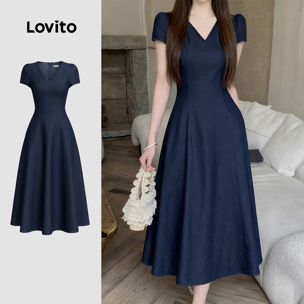Lovito เดรสผู้หญิงลําลองสําหรับเดินทางไปทํางานในฤดูใบไม้ผลิ/ฤดูร้อน สีฟ้าเข้ม LK4AD327