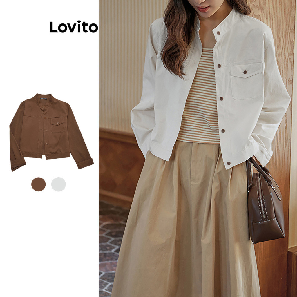 Lovito เสื้อแจ็กเก็ตผู้หญิง มีกระเป๋า สีพื้น สไตล์ลำลอง L73AD085