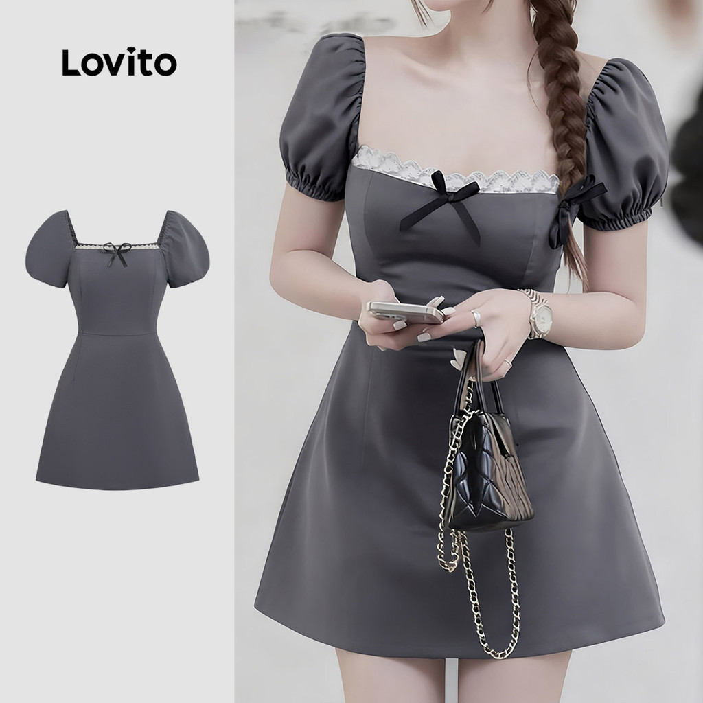 Lovito เดรสสวยน่ารัก ผูกโบว์ลูกไม้ สีเทาอบอุ่น สำหรับผู้หญิง เหมาะสำหรับฤดูใบไม้ผลิ/ฤดูร้อน L179AD043