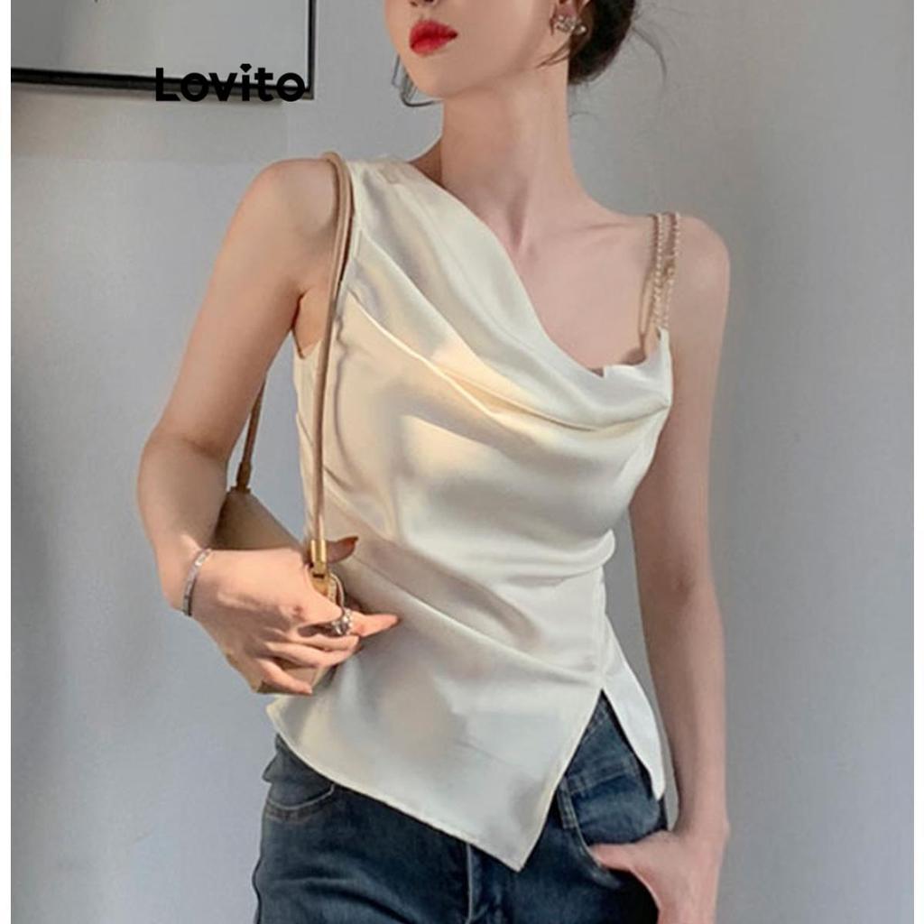 Lovito เสื้อกล้ามลําลองเสื้อท่อนบนสายเดี่ยวแยกอสมมาตรธรรมดาสําหรับผู้หญิง LNE49341
