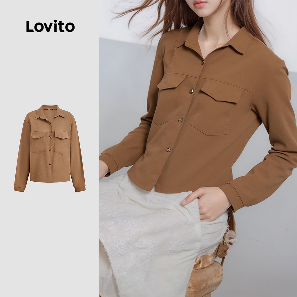 Lovito เสื้อลําลองเสื้อด้านหน้าปุ่มกระเป๋าธรรมดาสําหรับผู้หญิง LNA29011 (หลากสี)