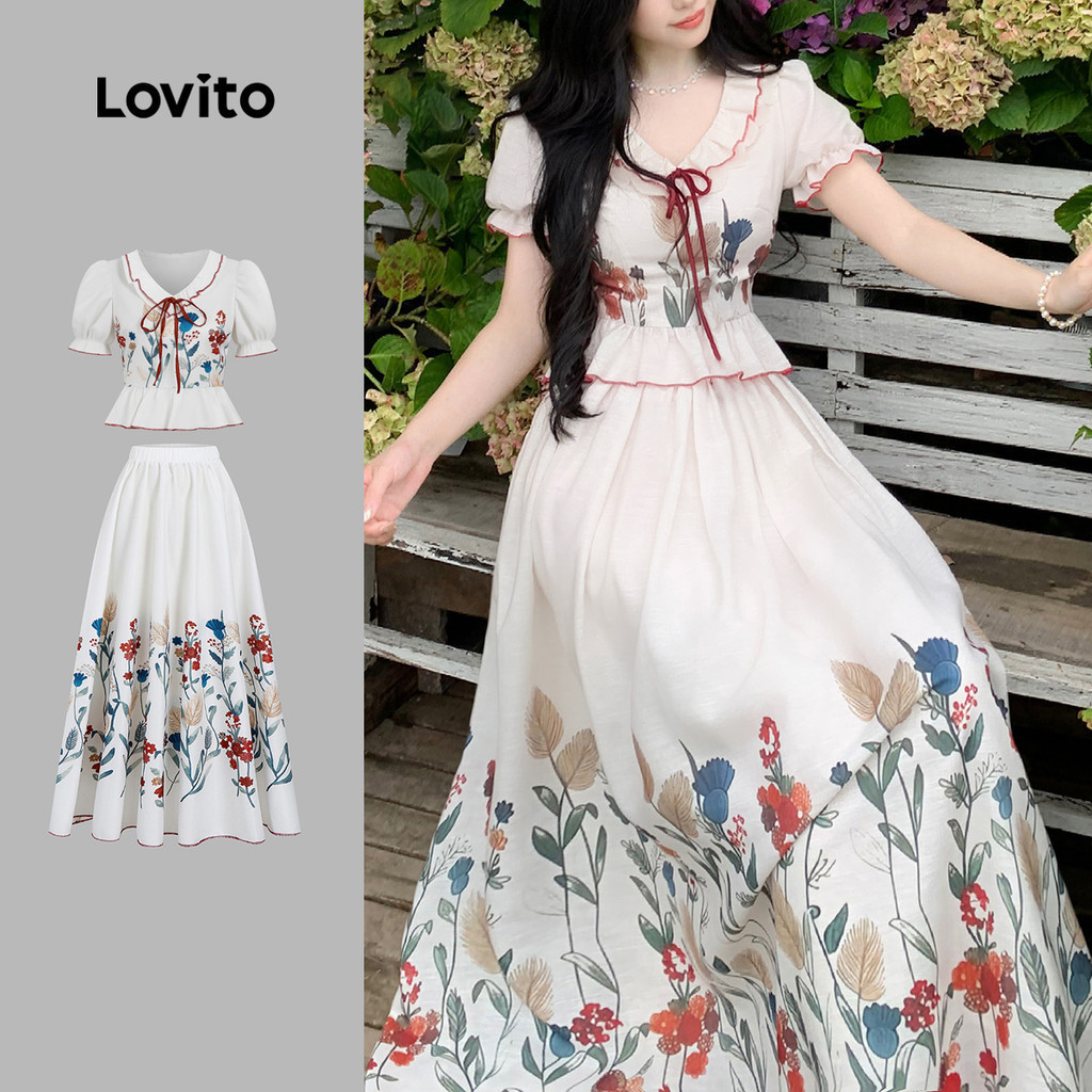 Lovito เสื้อผ้าสไตล์โบโฮ ή กางเกงสำหรับผู้หญิง เสื้อบนหรือกางเกงเปิดคอสำหรับฤดูใบไม้ผลิ/ฤดูร้อน L149LD276