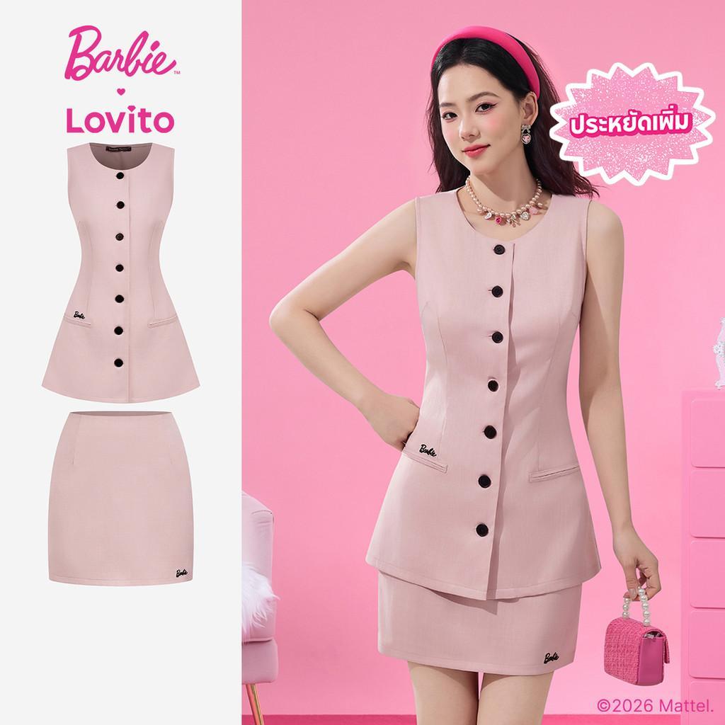 [Summer Sale] Barbie™ X Lovito เสื้อหรือกางเกงลำลองแขนกุดปักลายสำหรับใส่ทำงาน สีชมพู สำหรับฤดูใบไม้ผลิ/ฤดูร้อน สำหรับผู้หญิง LB1AD037