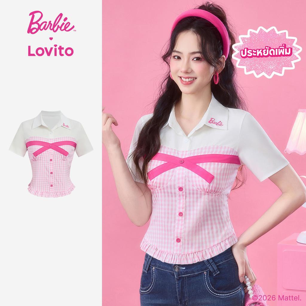 [Summer Sale] Barbie™ X Lovito เสื้อเบลาส์ลําลอง ปักลายผ้า เย็บต่อกัน สําหรับฤดูใบไม้ผลิ/ฤดูร้อน สําหรับผู้หญิง LB1AD030