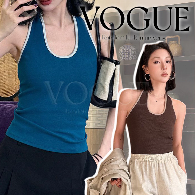 Vogue🌟พร้อมส่ง🌟 เสื้อกล้ามคล้องคอไหมพรม สีพื้นเข้ารูปใส่สบาย ยืดตามตัวมี4สี (W101)