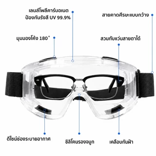 แว่นครอบตานิรภัย แว่นตากันสารเคมี กันสะเก็ด กันฝุ่นละออง เลนส์ใส ใส่ทับแว่นได้ งานช่าง ห้องแล็บ ก่อสร้าง คาดศีรษะ กันลม