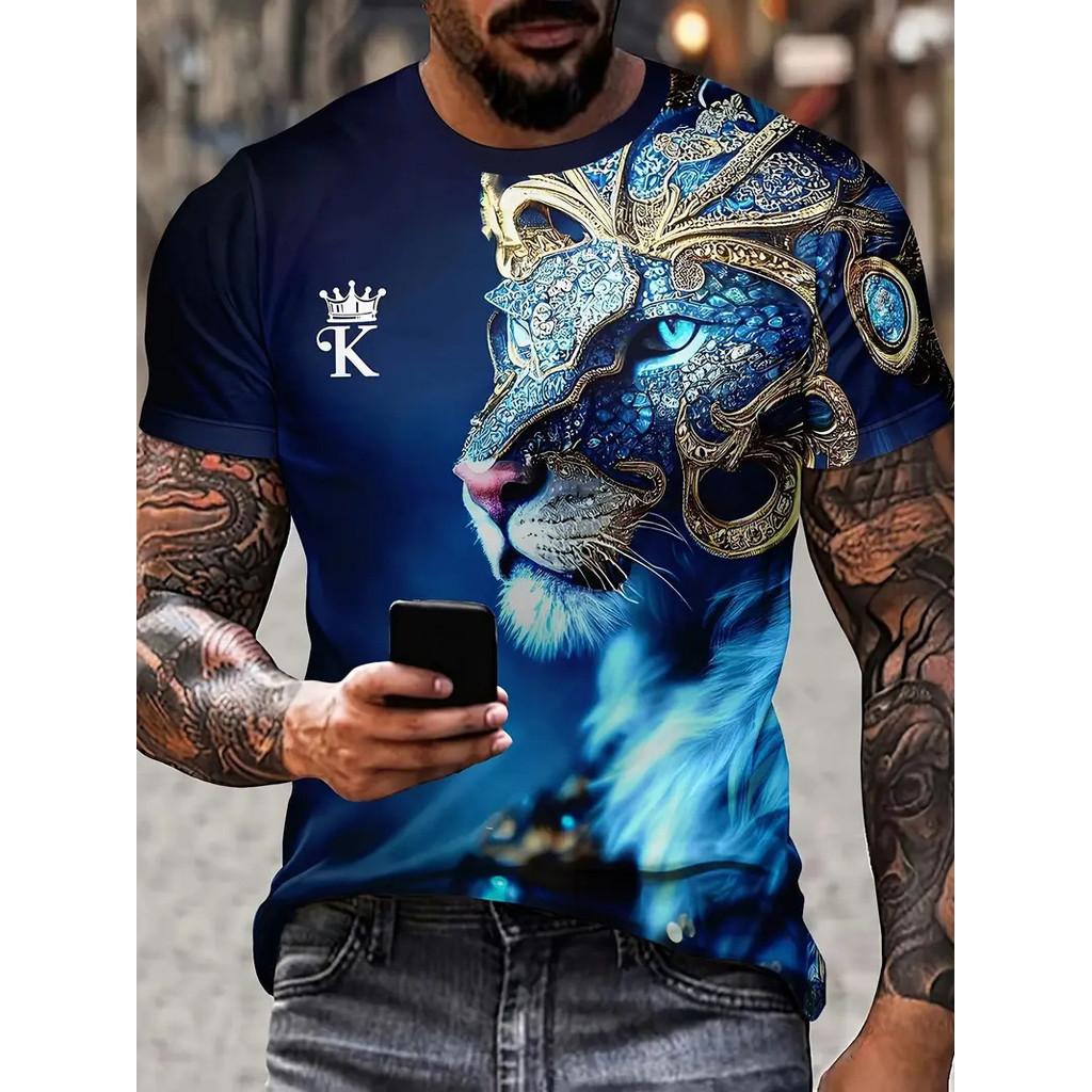Wild Lion Animal 3D Graphic Tee Oversize Streetwear Unisex O-คอทุกวัน Harajuku Casual Tops
