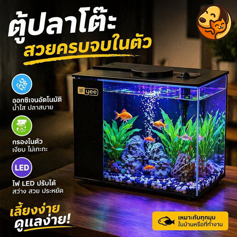 ตู้ปลา ตู้เลี้ยงปลา ตั้งโต๊ะ กรองในตัว ปั๊มน้ำเงียบ ไฟ LED ปรับได้ กันกระโดด ออกซิเจนอัตโนมัติ