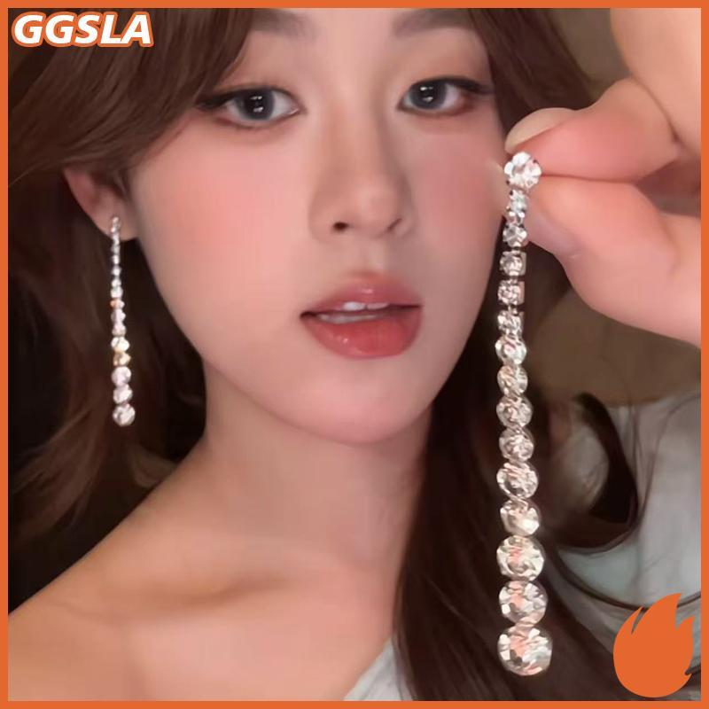 GGSLA อารมณ์หรูหรา Sparkly Zircon ยาว sel Dangle ต่างหูผู้หญิงเกาหลีเจ้าสาวงานแต่งงานหมั้นเครื่องประดับอุปกรณ์เสริมใหม่
