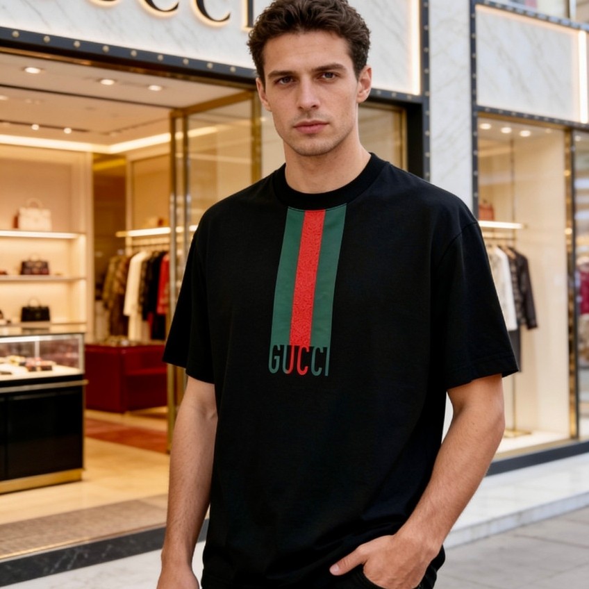 GUCCI/GUCCI/6XL2026 คลาสสิกรอบคอแขนสั้นเสื้อยืดผู้ชายผู้หญิงสไตล์ Original Design Raglan แขนสีคมชัดส