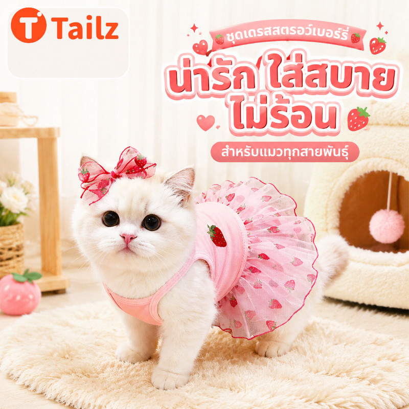 Tailz เสื้อแมวสตรอเบอร์รี่ ชุดแมวน่ารัก เสื้อหมาเล็กเล็ก ระบายอากาศดี โบว์ถอดได้ แฟชั่น S/M/L สะดวกสบาย