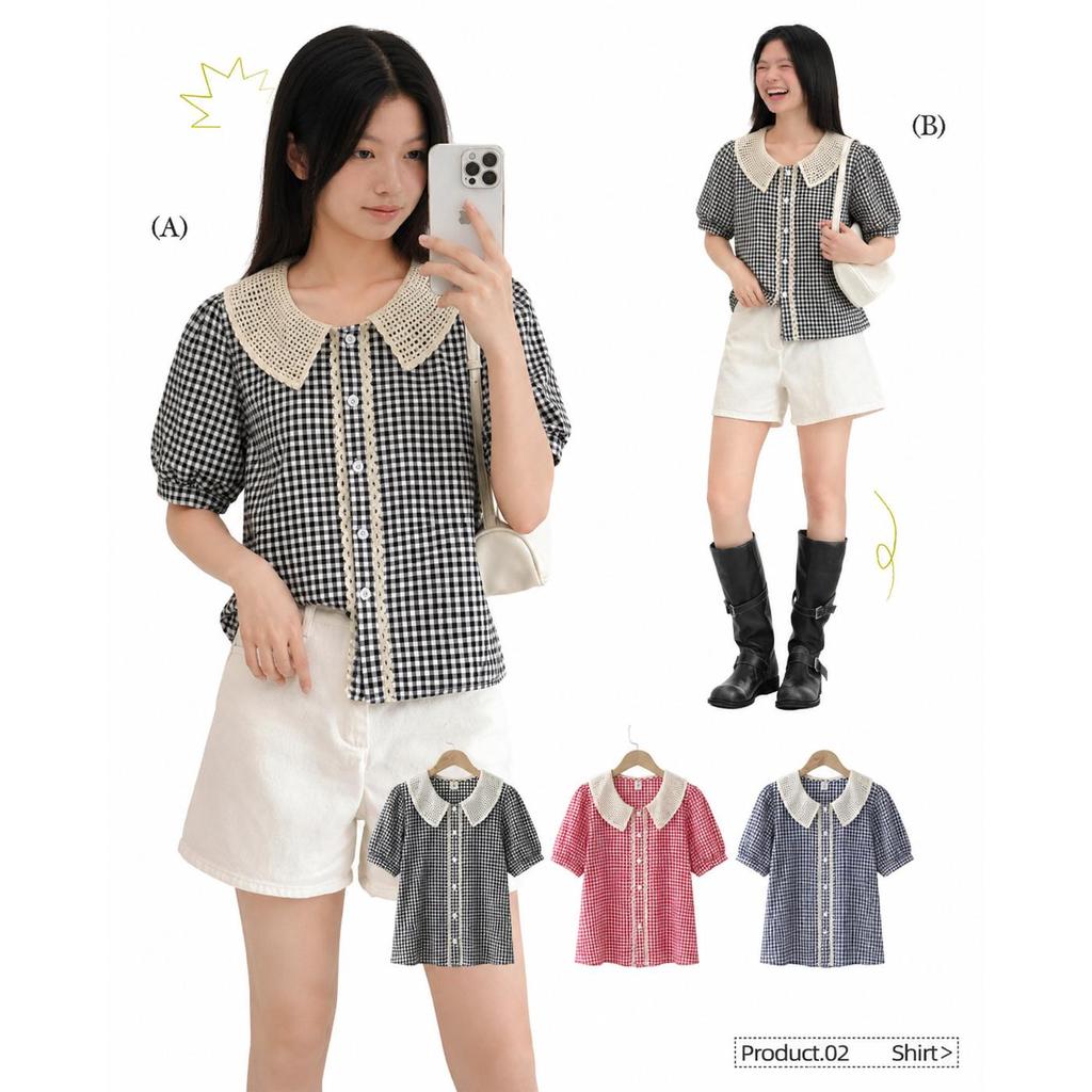 Chili Koko S-3XLเสื้อเชิ้ตผู้หญิงลายสก็อต ปกตุ๊กตา แขนพอง แต่งลูกไม้ สไตล์นักเรียนเกาหลี w678 เสื้อไซซ์ใหญ่