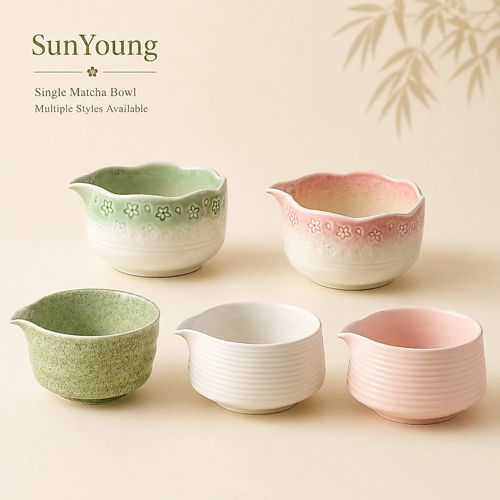 SunYoung Matcha Bowl 1 ชิ้น ถ้วยมัทฉะเซรามิก ถ้วยชา Chawan มีปากเท ลายซากุระ หัวใจ หลายแบบ