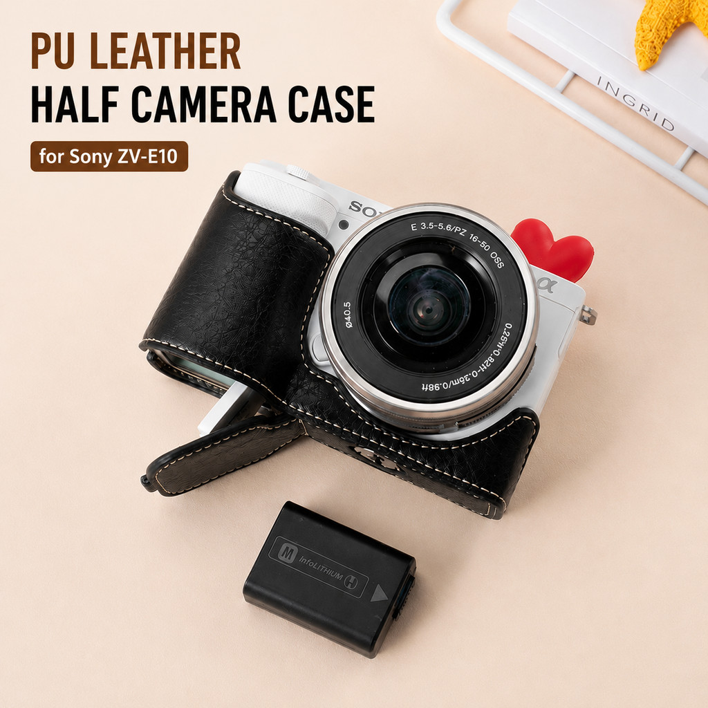 เคสครึ่งกล้องหนัง PU สําหรับ Sony ZV-E10 Mark I ฝาครอบฐานแม่เหล็กพร้อมสายรัดอุปกรณ์เสริมแบตเตอรี่