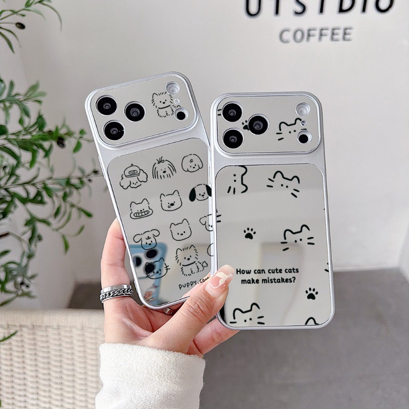 Black Line Puppy & Cat Paw Make-up Mirror Case สําหรับ Realme Narzo 90 70 Pro 50 V23 V23i Q5i 5G 4G 