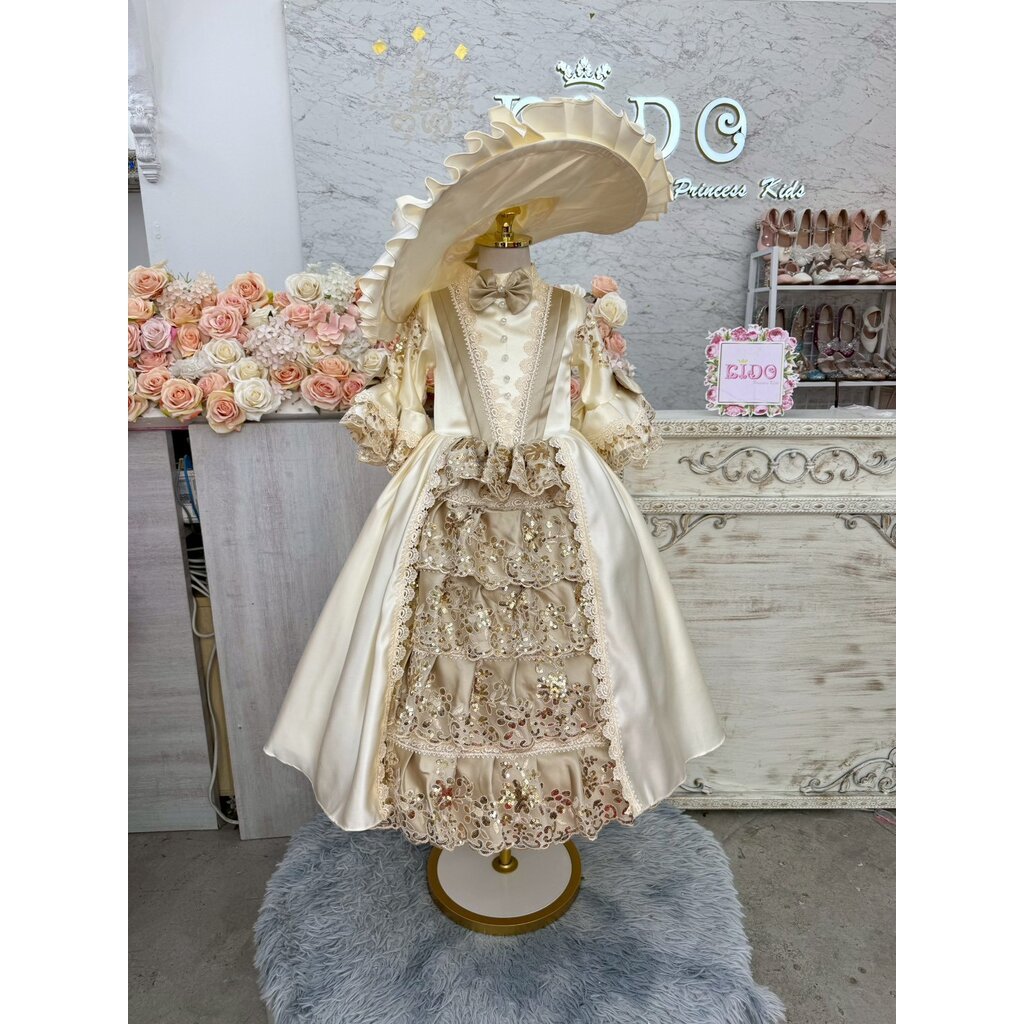 Kidoprincesskids ชุดวิคตอเรียเด็ก (ร้านอยู่รัชดา)ชุดนางละเวง W19343 สีครีม แนวยุโรป แขนยาวระบาย กระโปรงยาว