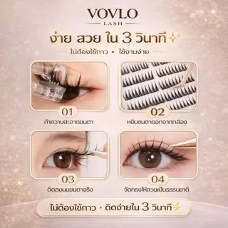 VOVLO LASH ขนตาปลอมแบบช่อ 400 ช่อ กาวสีดำ ติดแน่น ไม่หลุดง่าย กันน้ำ กันเหงื่อ ติดง่ายใน 3 วินาที ลุคธรรมชาติ