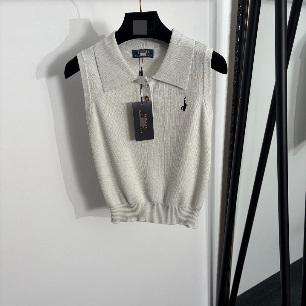 R RLL Temperament Slim-fit Dopamine Polo Womens ปักคอปกโปโลผ้าไหมสดใสผสมถักเสื้อกั๊ก
