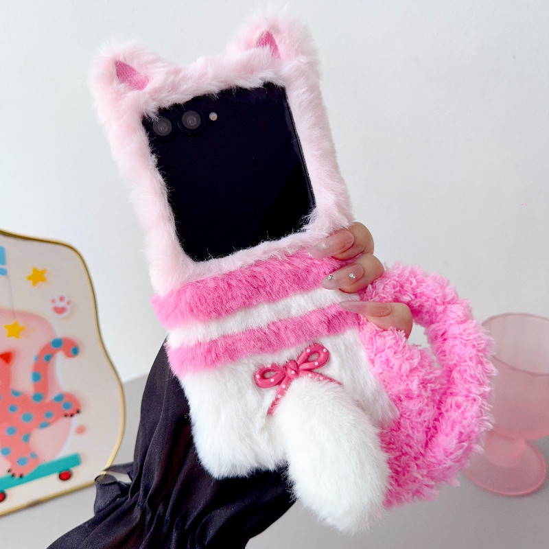 ตุ๊กตาน่ารัก 3D หูแมวสําหรับ Samsung Galaxy Z Flip 7 6 5 4 3 5G Motorola Razr 70/60/50 40 Ultra ป้องกัน Fuzzy Chain น่ารักขนสัตว์ปกหลังของขวัญ