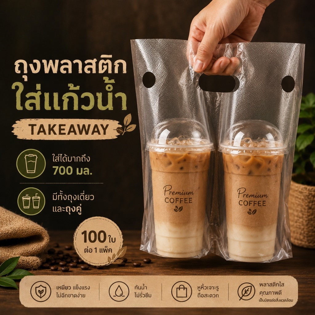 ถุงแก้ว 100 ใบ ถุงพลาสติกหูหิ้ว ใส่แก้วน้ำ แก้วกาแฟ คู่ และ เดี่ยว แพ็ค 100 ใบ สำหรับร้านกาแฟ