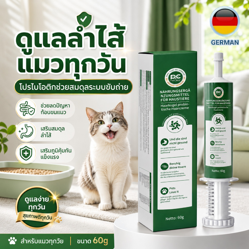 PetClear เจลขับก้อนขนแมว 60g โปรไบโอติก บำรุงลำไส้ ลดปัญหาแมวอ้วกก้อนขน