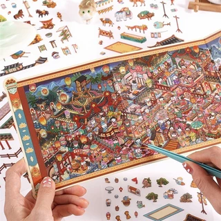 WEI 16 ชิ้น [Flourishing Scroll Series] 3D ภูมิทัศน์สติกเกอร์กันน้ํายาวพิเศษ Tang Palace Night จัดเลี้ยงโคมไฟเทศกาล