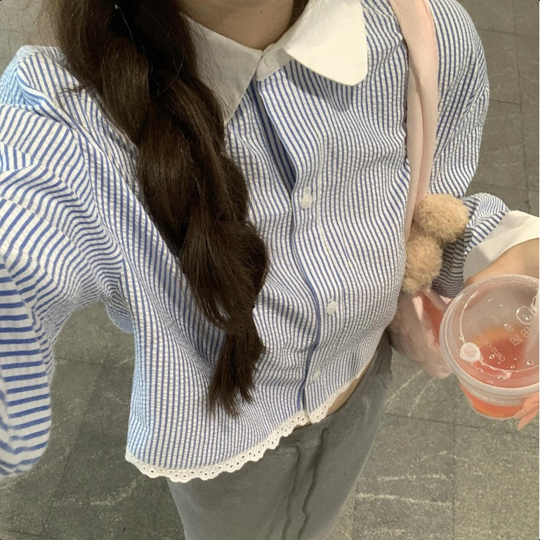 พร้อมส่ง✈️เสื้อเชิ้ตแขนยาวลายทางแนวตั้งสั้นสำหรับผู้หญิงฤดูใบไม้ร่วงLovely Look