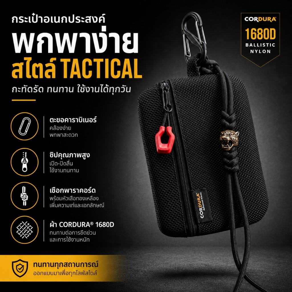 กระเป๋า EDC มินิ ไนลอน 1680D Ballistic เกรดพรีเมียม – กระเป๋าจัดระเบียบพกพาประจำวัน สไตล์ฟังก์ชั่นนอล พร้อมคาราบิเนอร์และสายคล้องลูกปัดเสือดาวทองเหลือง