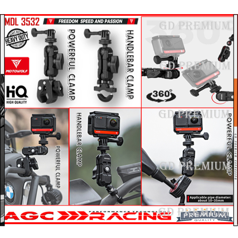 MOTOWOLF MDL3532 กล้อง Dashcam GoPro Mount CRASH BAR POWER CLAMP HANDLEBAR HEAVY DUTY กล้อง BRACKET 