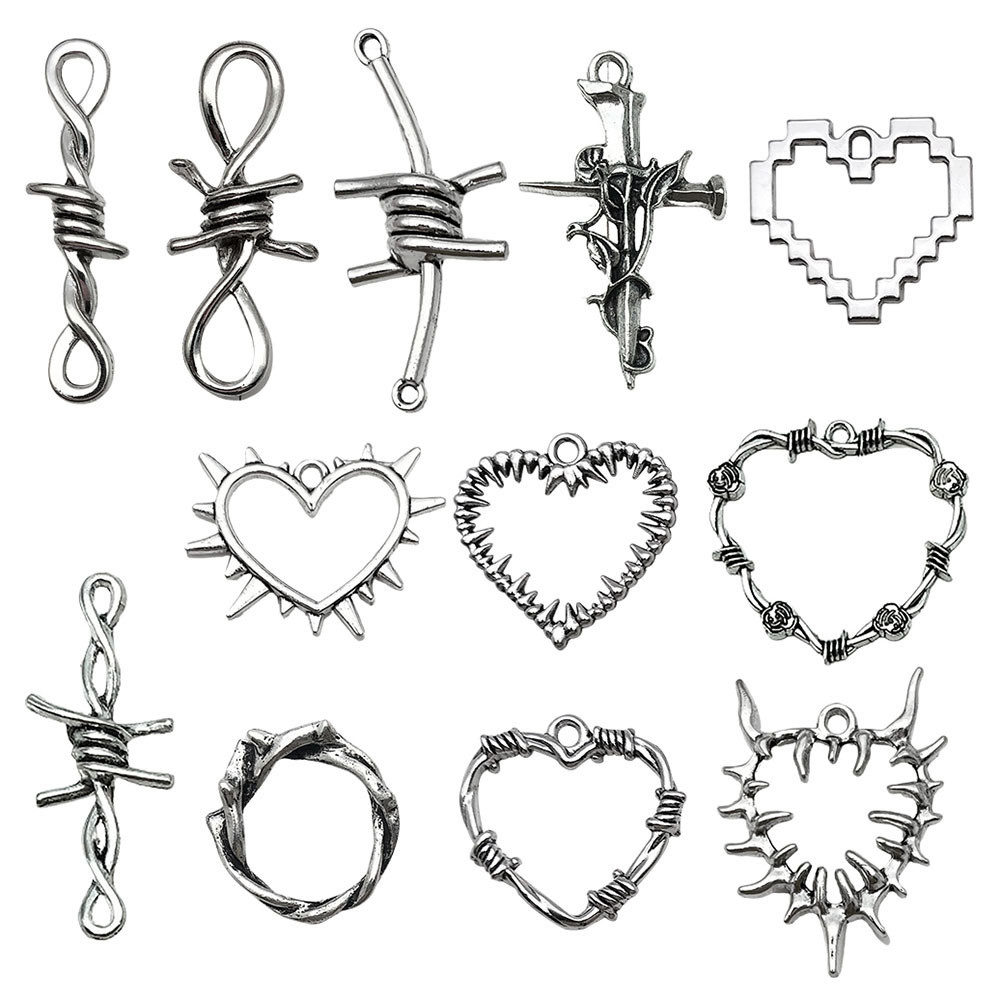 ผสม 12 รูปแบบเงินโบราณ Retro Hollow Heart-Shaped Thorns Rose จี้ DIY สร้อยข้อมือสร้อยคอเครื่องประดับ