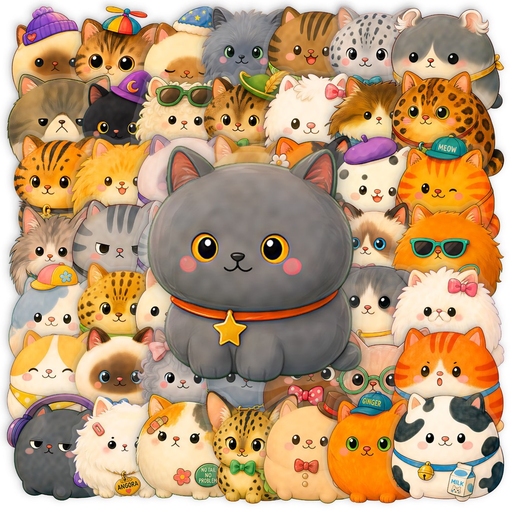 50 ชิ้นใหม่รอบแมวอ้วน PET สติ๊กเกอร์กันน้ํา Graffiti Decals สําหรับถ้วยแล็ปท็อป DIY Decor