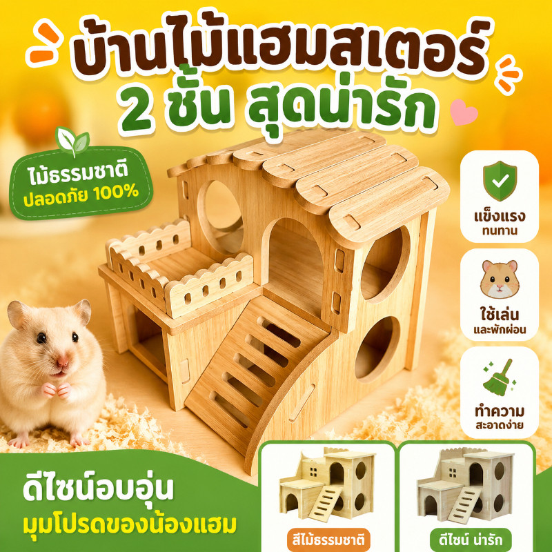 พร้อมจัดส่ง บ้บ้าน2ชั้น แฮมเตอร์ พานไม้ไม้ สำหรับหนูแฮมสเตอร์ สัตว์เลี้ยงขนาดเล็ก