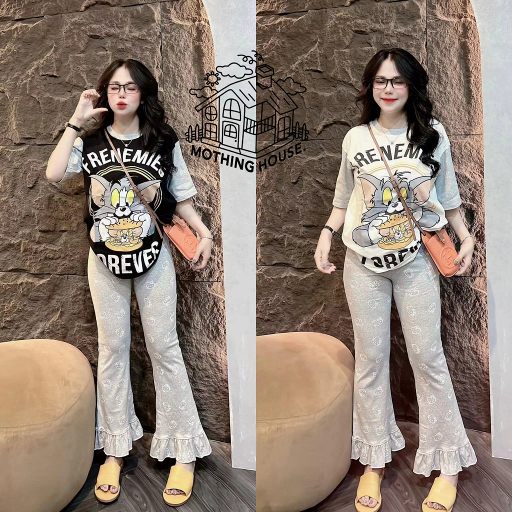 เวอร์ชั่นเกาหลีชุดลําลองหญิงฤดูร้อนรูปแบบใหม่น่ารักแมวและเมาส์พิมพ์แขนสั้นลูกไม้กางเกงขากว้างชุดสองชิ้นอินเทรนด์