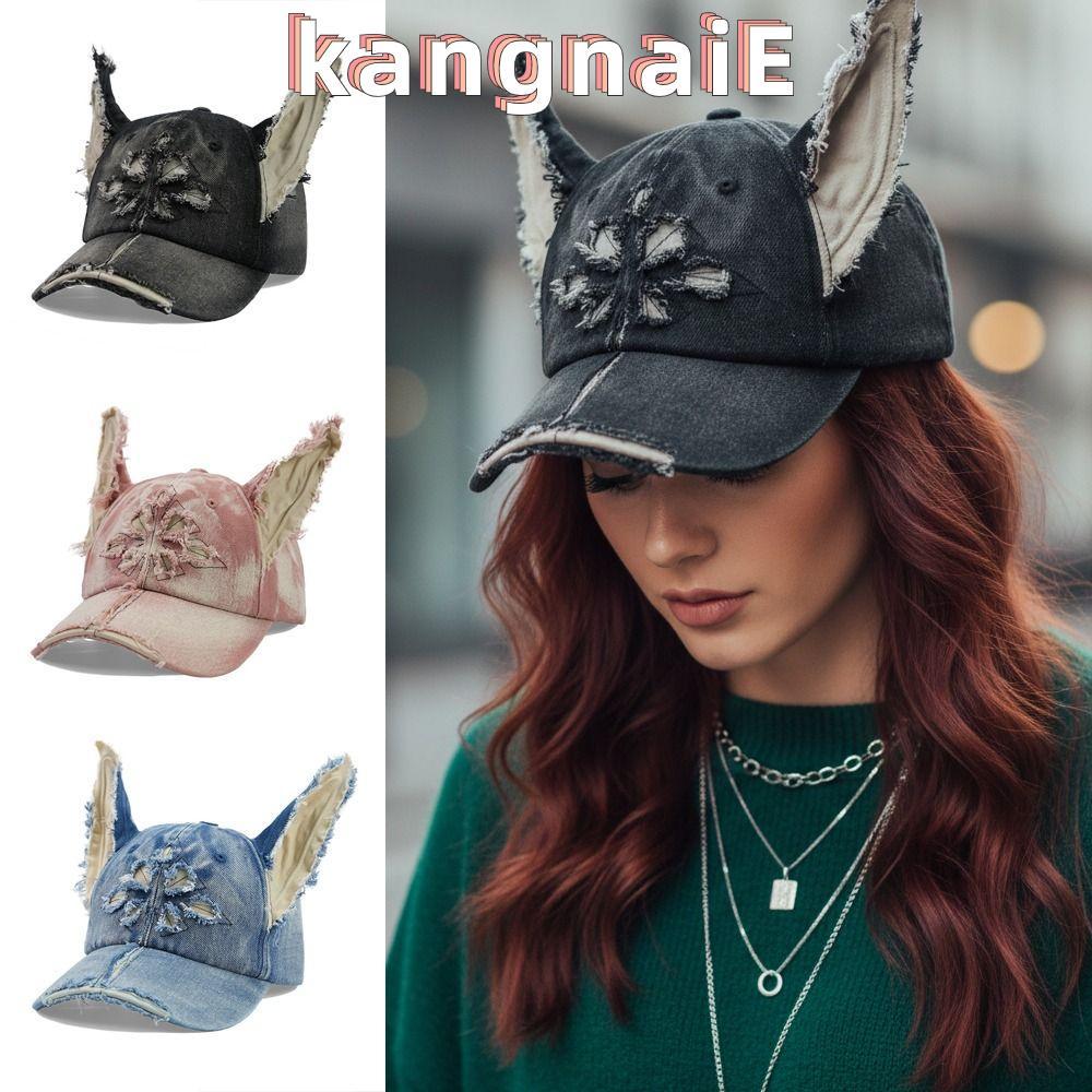 KANGNAI Doberman หู Denim หมวก, Casual ล้าง Distressed เบสบอลหมวก, น่ารัก Y2K ปรับ Streetwear หมวกสําหรับผู้หญิง