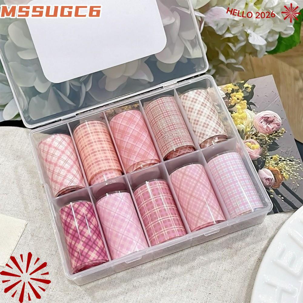 IMSSUG 10 ม้วนสติกเกอร์เล็บ,เล็บปั๊มดาวเล็บฟอยล์,สีชมพูตารางลายสก๊อตรูปแบบเล็บ Decals DIY เล็บ