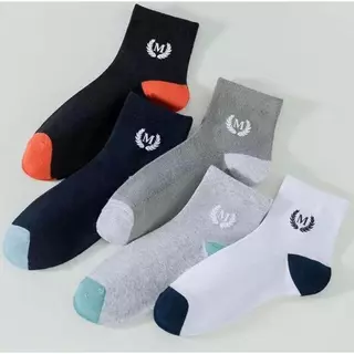 ถุงเท้าผู้ชาย ยาวกลางต้นขา คอตตอน ระบายอากาศ สีตัดปลาย ลายตัวอักษร M สะดวกสบาย ไม่เหม็นเท้า 12 คู่