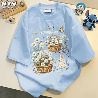 【จัดส่งตลอด 24 ชั่วโมง】NFV แฟชั่นเกาหลี🌈ระบายอากาศ ใส่สบาย เสื้อยืดแขนสั้นคอกลม ทรงหลวม ลายพิมพ์การ์ตูน อ่อนนุ่ม YG6272