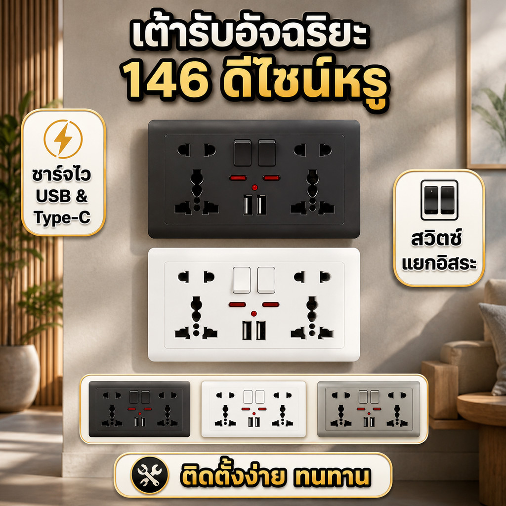 เต้ารับฝังผนัง 146 แบบ 2 สวิตช์ 2 ปลั๊ก 5 รู พร้อมช่องชาร์จ USB และ Type-C ดีไซน์โมเดิร์น ทนทาน