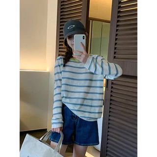 Vogue🌟พร้อมส่ง🌟 เสื้อโอเวอร์ไซส์แขนยาวคอกลม ลายทางสีพาสเทลน่ารักๆ บางเบาใส่สบาย (B357)