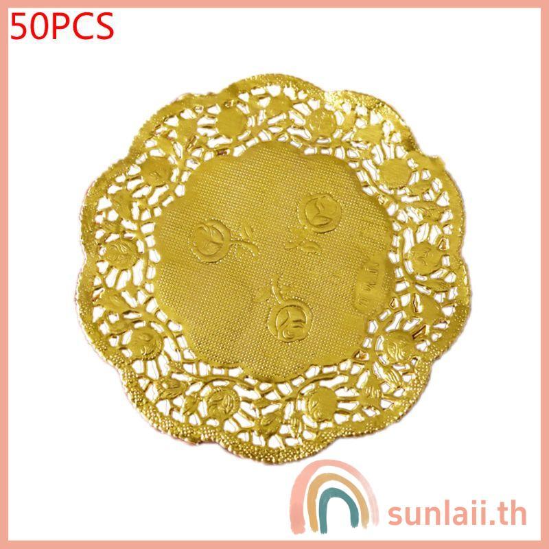 SUNLAII 50 ชิ้น 3 5 นิ้ว Hollow ดอกไม้รอบลูกไม้กระดาษ Doilingys Party DIY Gold Placemat