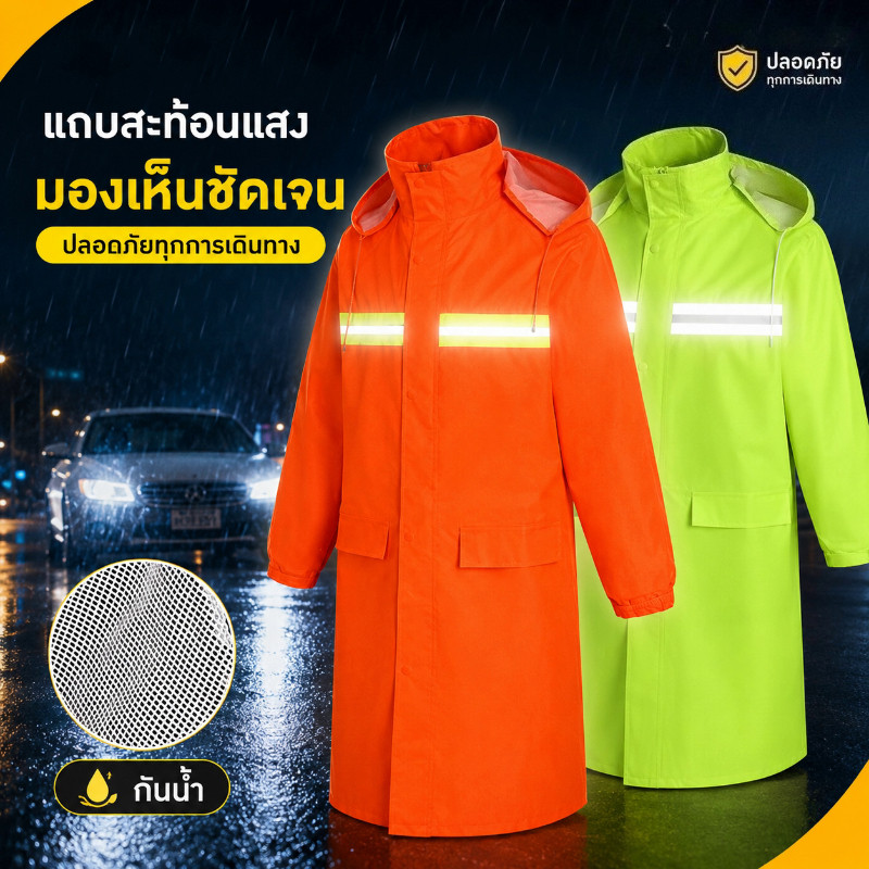 NEW เสื้อกันฝน เสื้อกันฝนยาว ผ้า Oxford หนา ทนต่อการสึกหรอและกันน้ำ มีแถบสะท้อนแสง